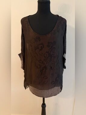 Tempo Paris Brown Silk Blend Sheer Floral Blouse with Sequined Sleeve and Hem L